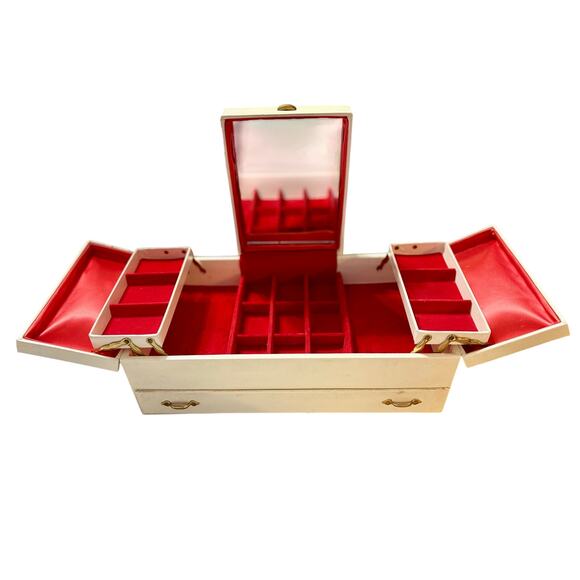 VTG Cream Multi-Compartment Jewelry Box with Red Velvet Interior & Mirror - Picture 7 of 10